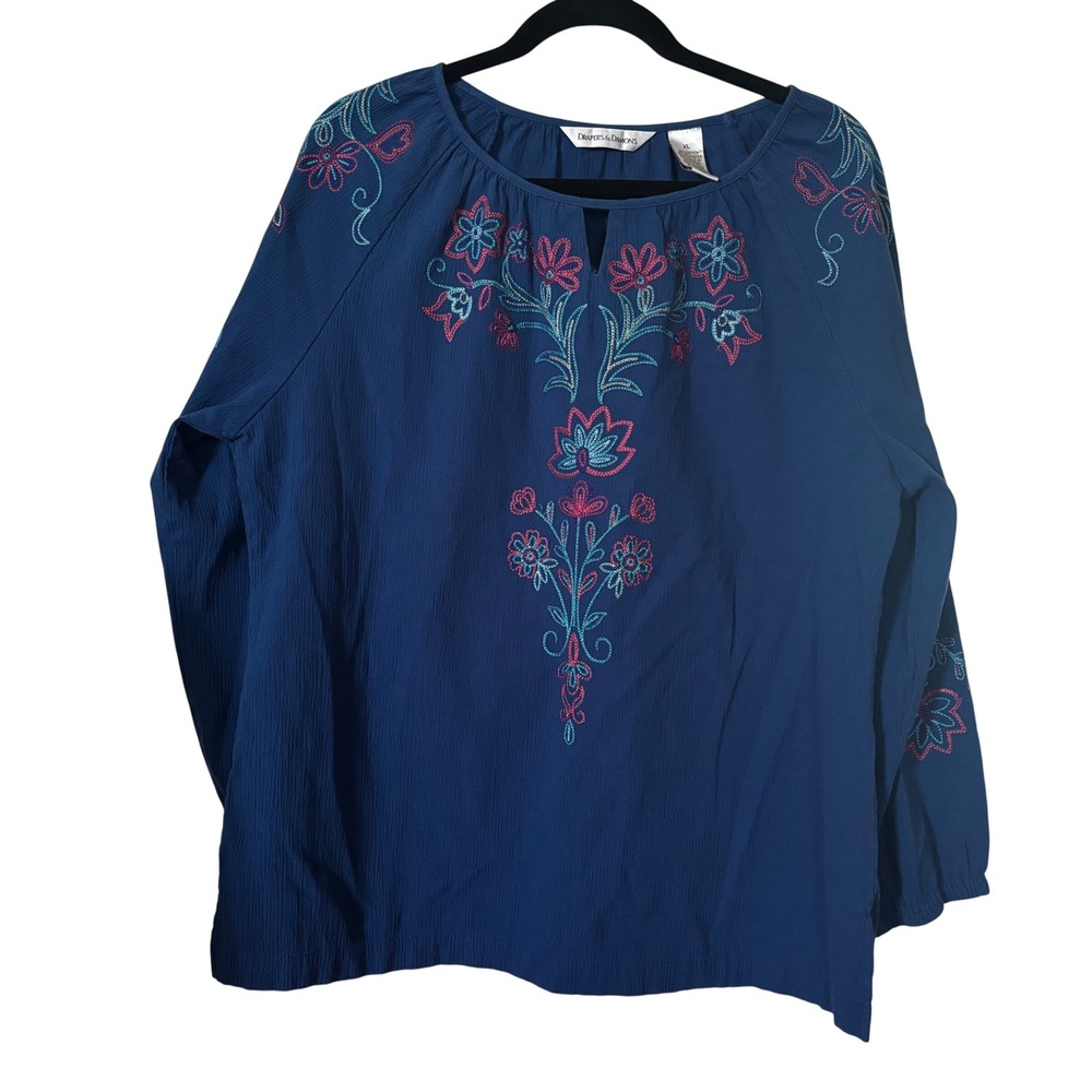 Drapers & Damons Women's Blouse XL Blue Fabric Floral Embroidery‎ Textured